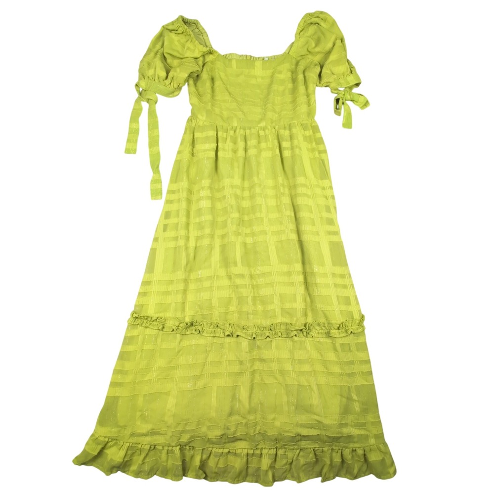 Adelyn Rae Lime Green Plaid Tiered Ruffle Square Neck Puff‎ Sleeve Maxi Dress M